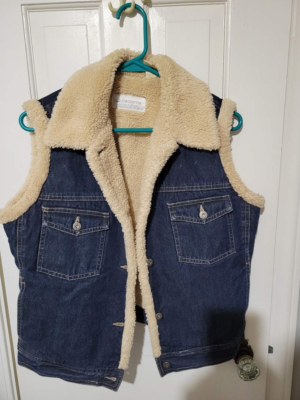 Liz Claiborne Sherpa-Lined Denim Vest in Dark Blue and Cream